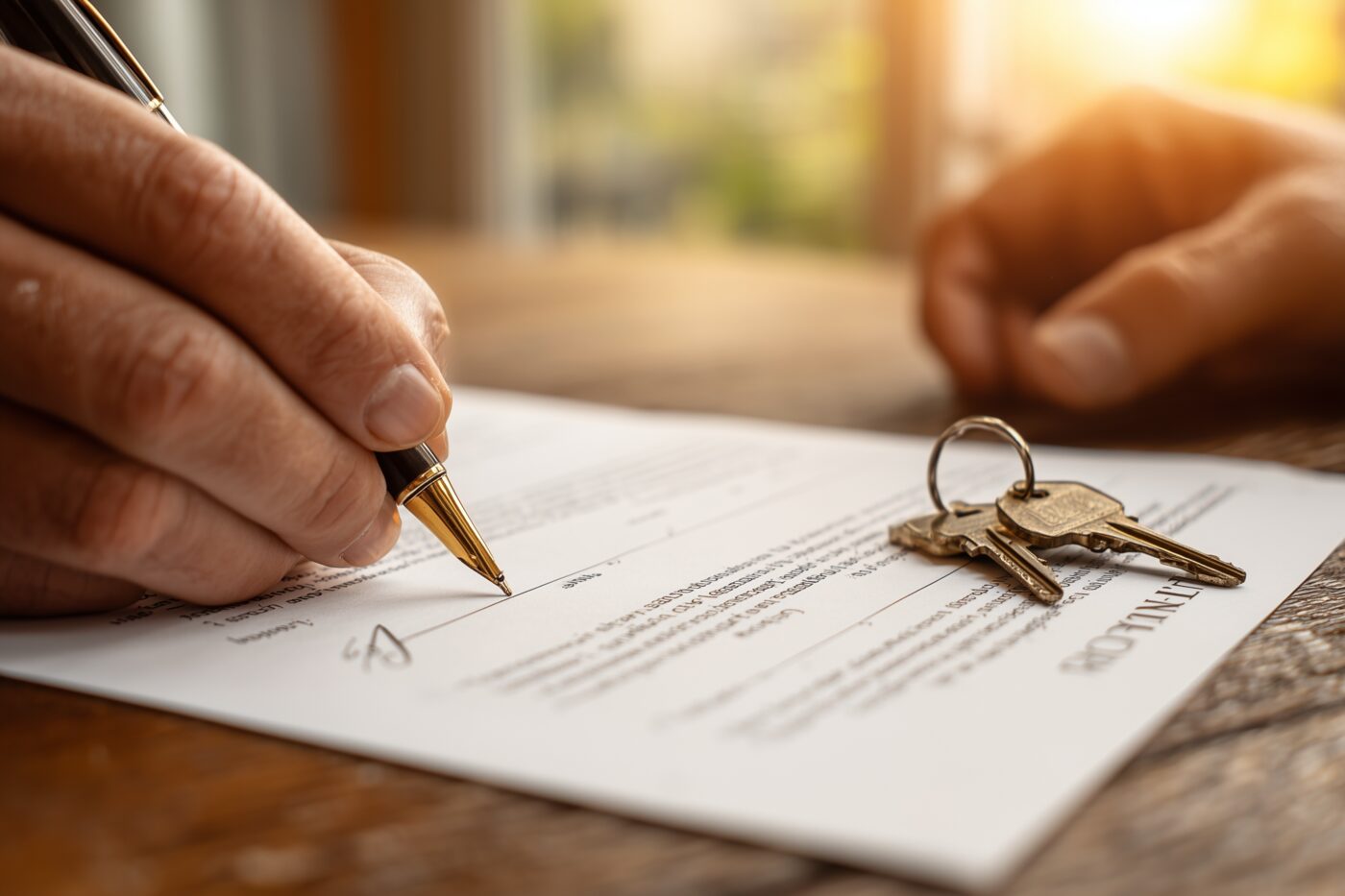 Unterzeichnung des Immobilien-Kaufvertrags mit Schluesseln auf dem Tisch