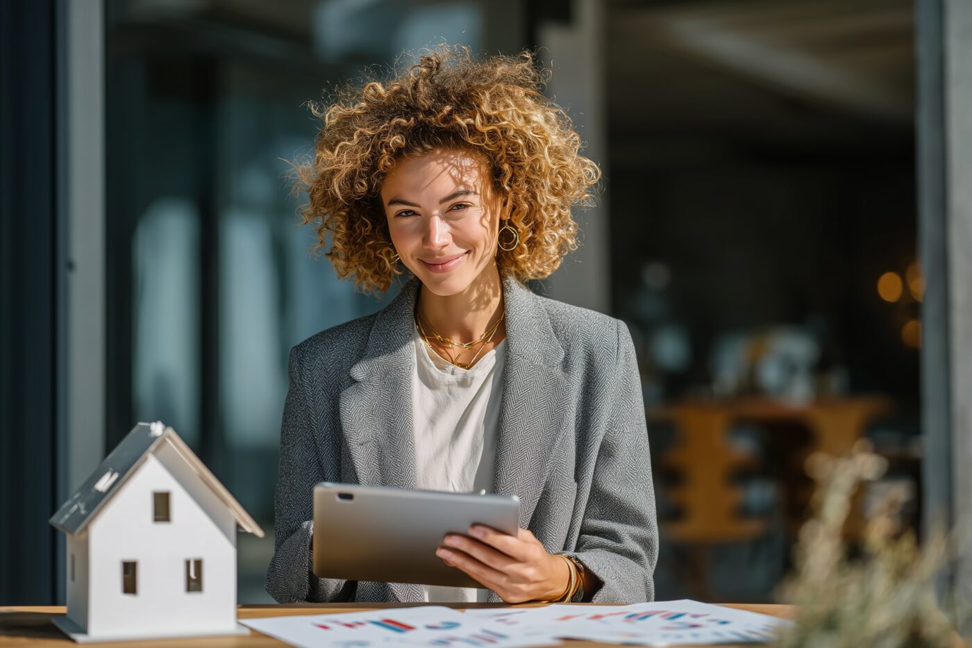 Beraterin analysiert eine Immobilienbewertung mit Tablet und Marktdaten