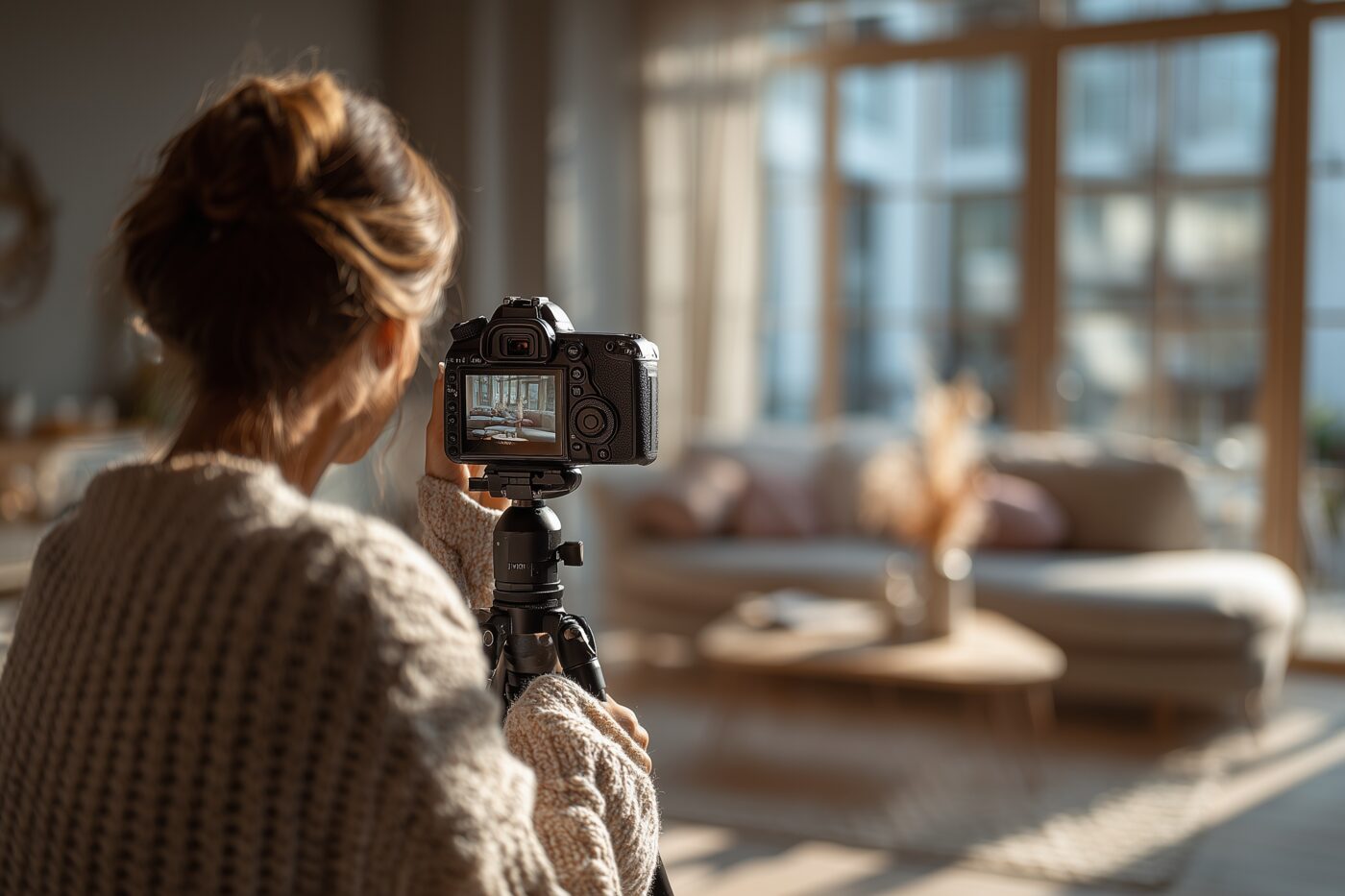Fotograf fotografiert ein modernes Wohnzimmer fuer die Immobilienvermarktung